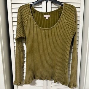 Knox Rose Olive Long Sleeve Top Large Ribbed Lettuce Hem